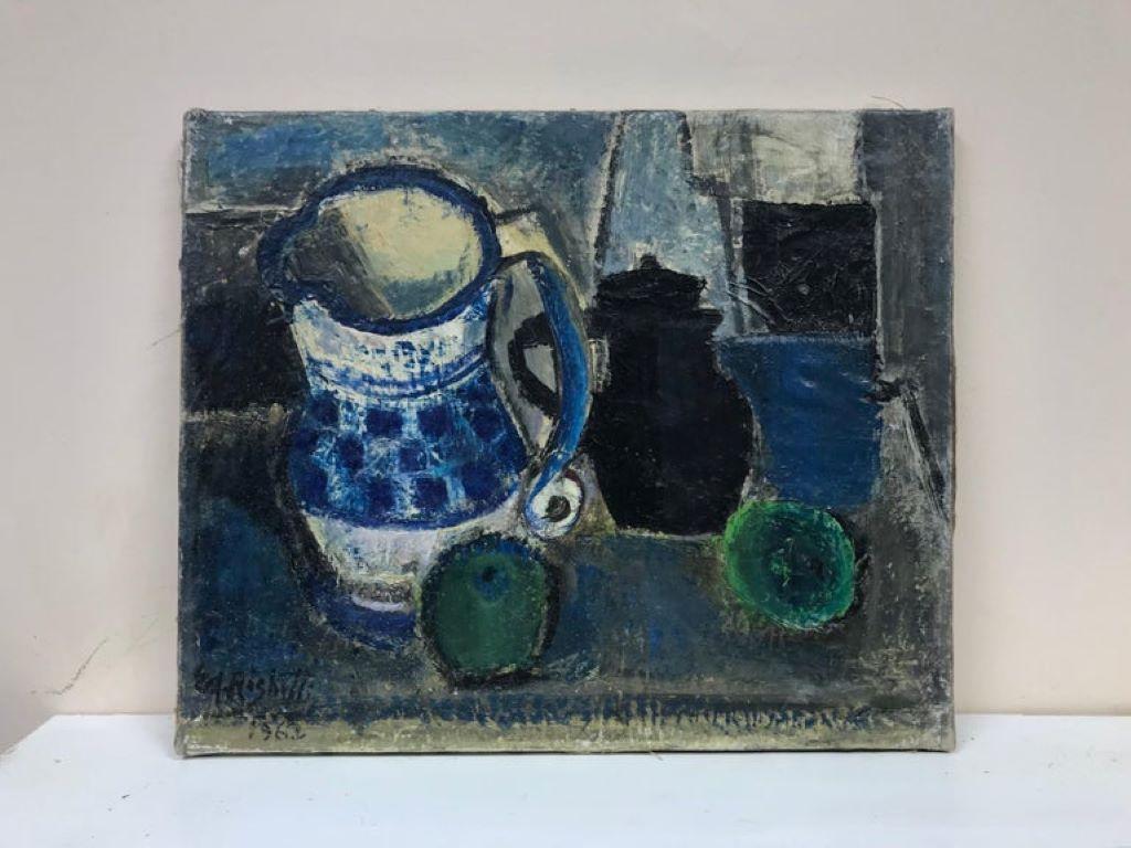 Blue Teal & Green Still Life Table Top French 1960's Post-Impressionist Oil - Painting by Édouard Righetti (1924-2001)