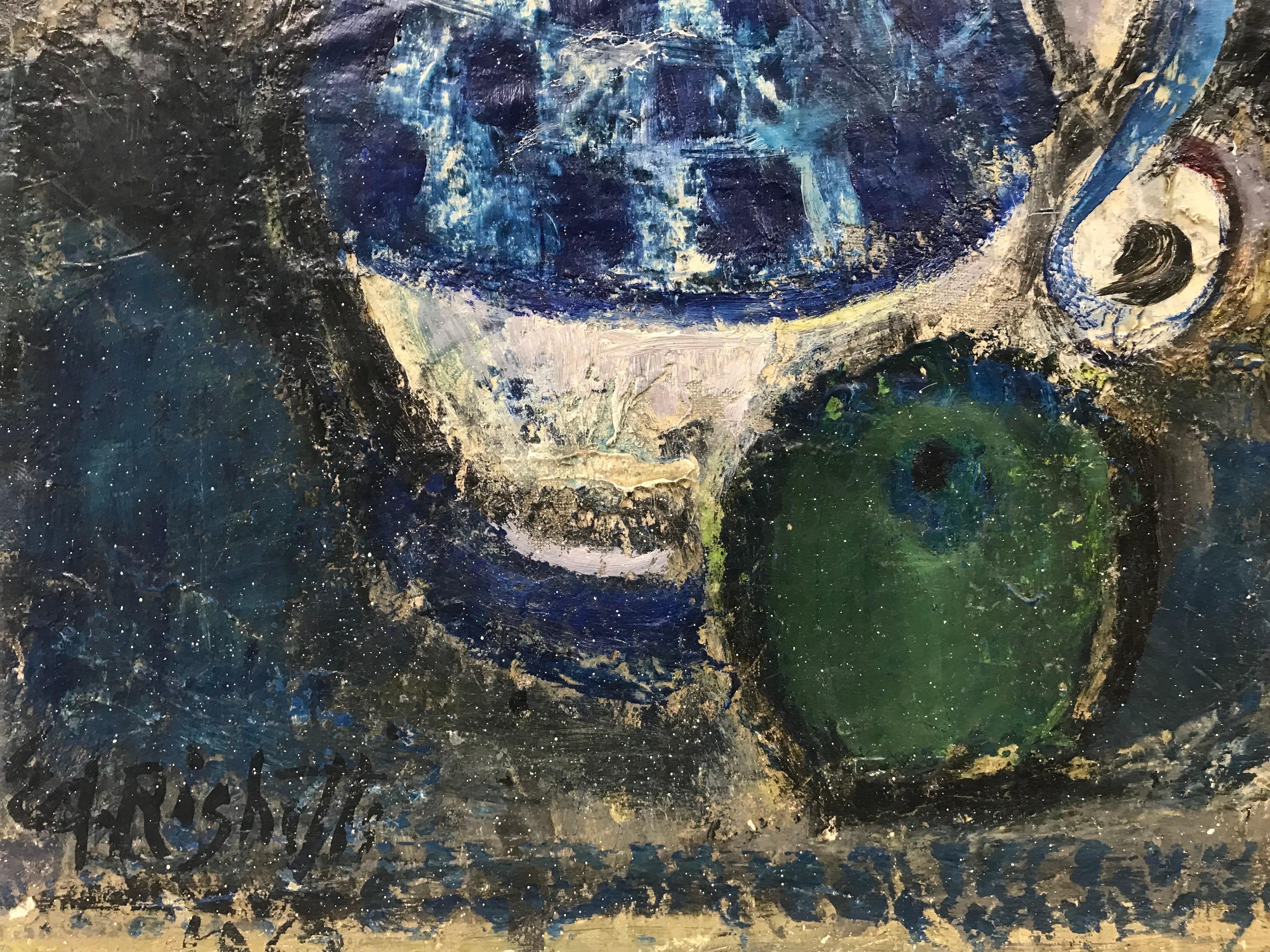 Blue Teal & Green Still Life Table Top French 1960's Post-Impressionist Oil - Black Still-Life Painting by Édouard Righetti (1924-2001)