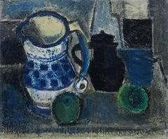 Blue Teal & Green Still Life Table Top French 1960's Post-Impressionist Oil