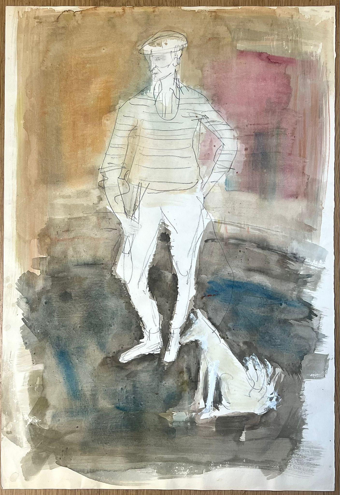 Figura contemplativa con perro Boceto abstracto en acuarela - Painting de Édouard Righetti (1924-2001)