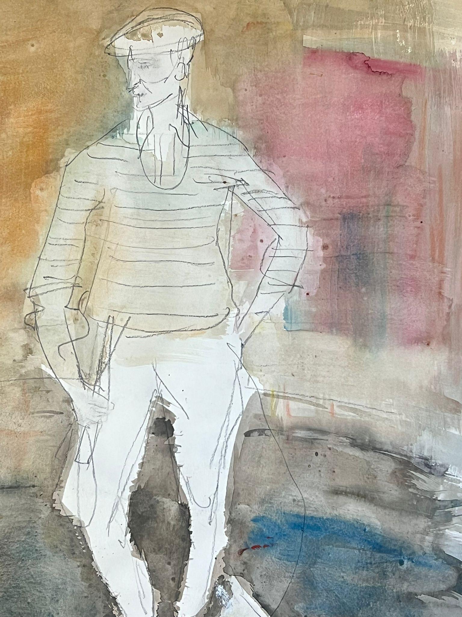 Figura contemplativa con perro Boceto abstracto en acuarela - Painting Posimpresionista de Édouard Righetti (1924-2001)