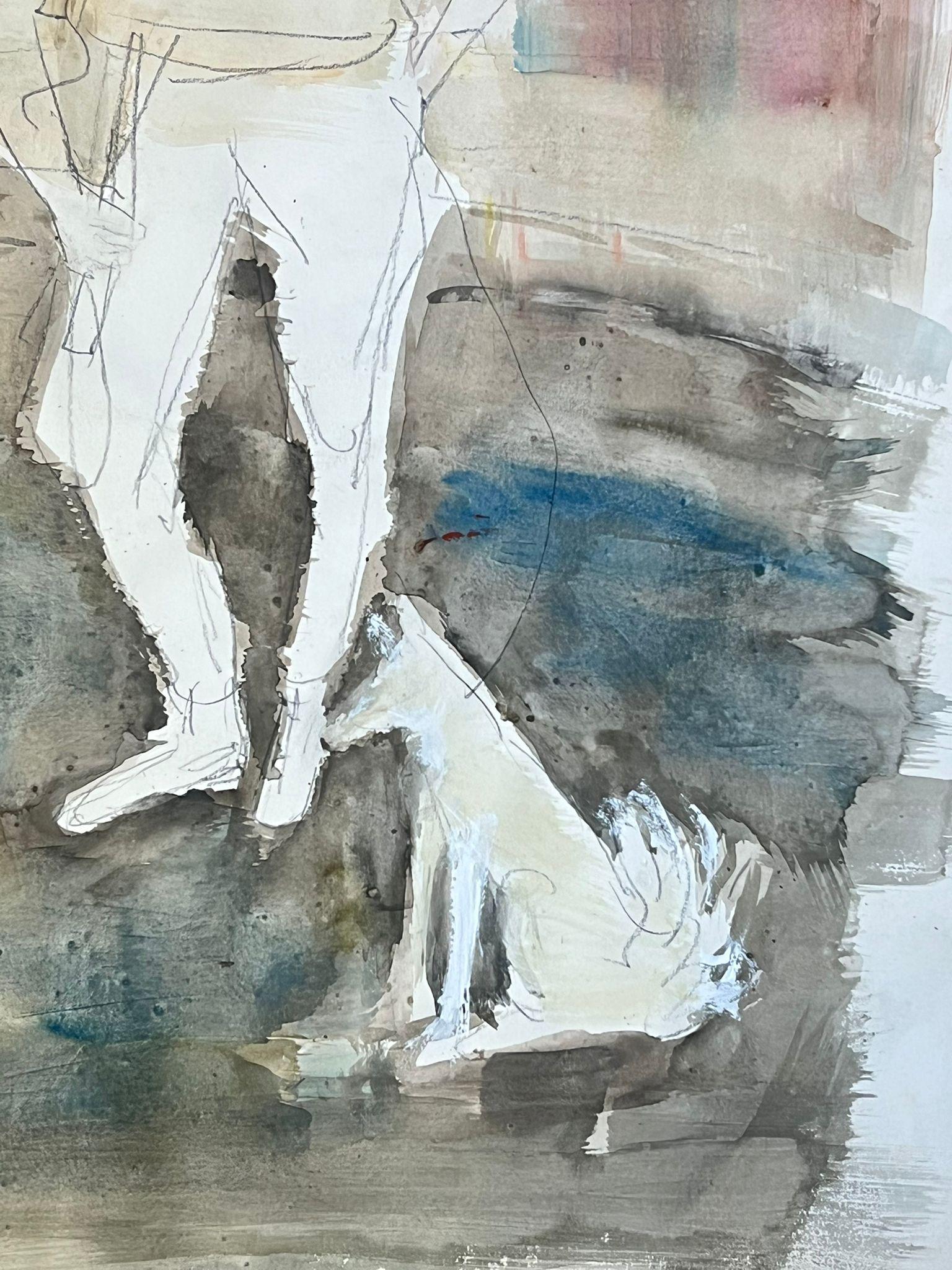 Figura contemplativa con perro Boceto abstracto en acuarela - Animal Painting Marrón de Édouard Righetti (1924-2001)