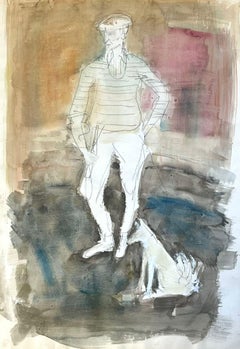 Figure contemplative avec chien Esquisse abstraite à l'aquarelle