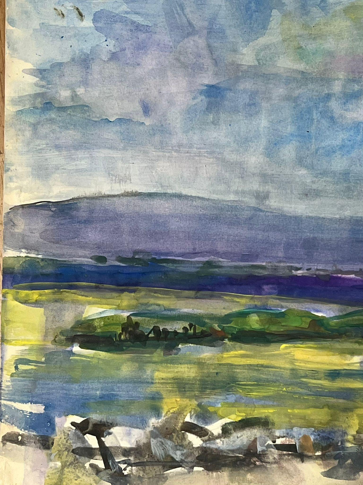 Aquarelle vibrante représentant un paysage vaste avec des montagnes et des champs ouverts - Painting de Édouard Righetti (1924-2001)