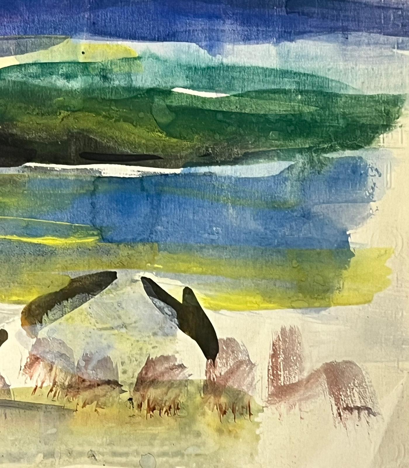 Aquarelle vibrante représentant un paysage vaste avec des montagnes et des champs ouverts en vente 1