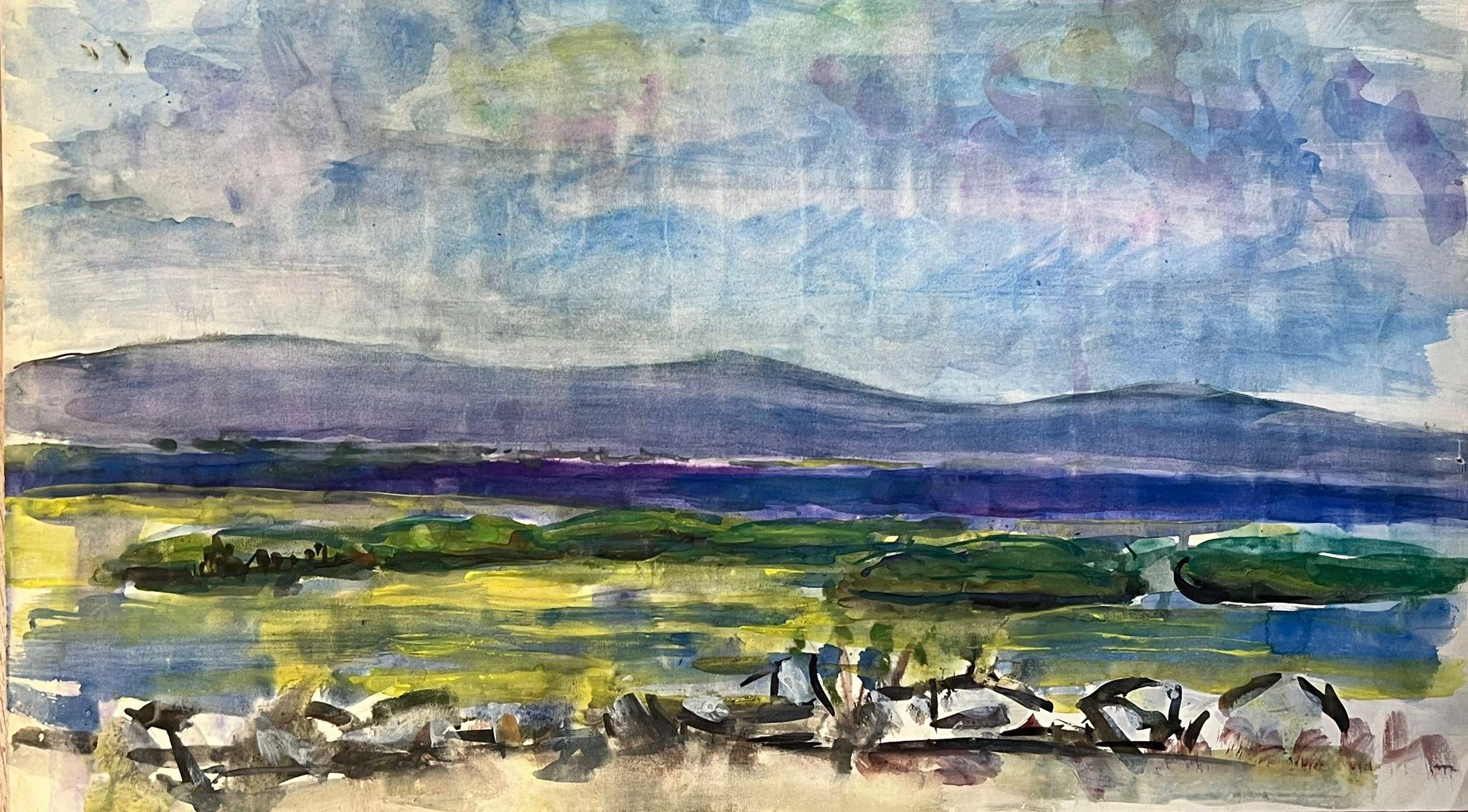 Landscape Painting Édouard Righetti (1924-2001) - Aquarelle vibrante représentant un paysage vaste avec des montagnes et des champs ouverts