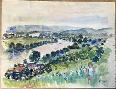 Expansive River Valley Landscape with Figure Watercolor French Painting
