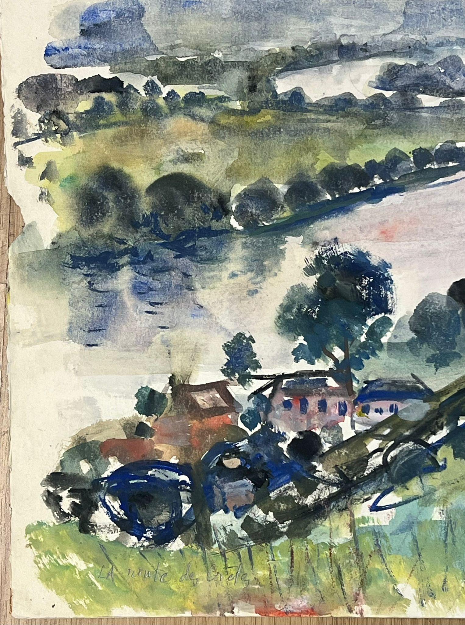 Expansive River Valley Landscape with Figure Watercolor French Painting For Sale 1