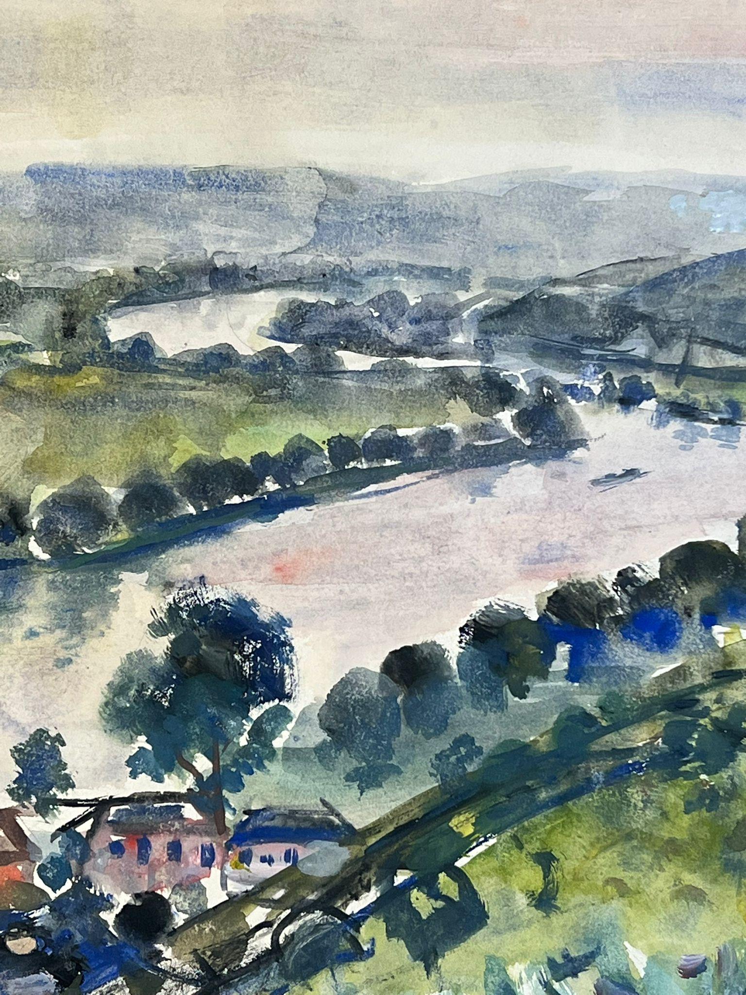 Expansive River Valley Landscape with Figure Watercolor French Painting For Sale 2