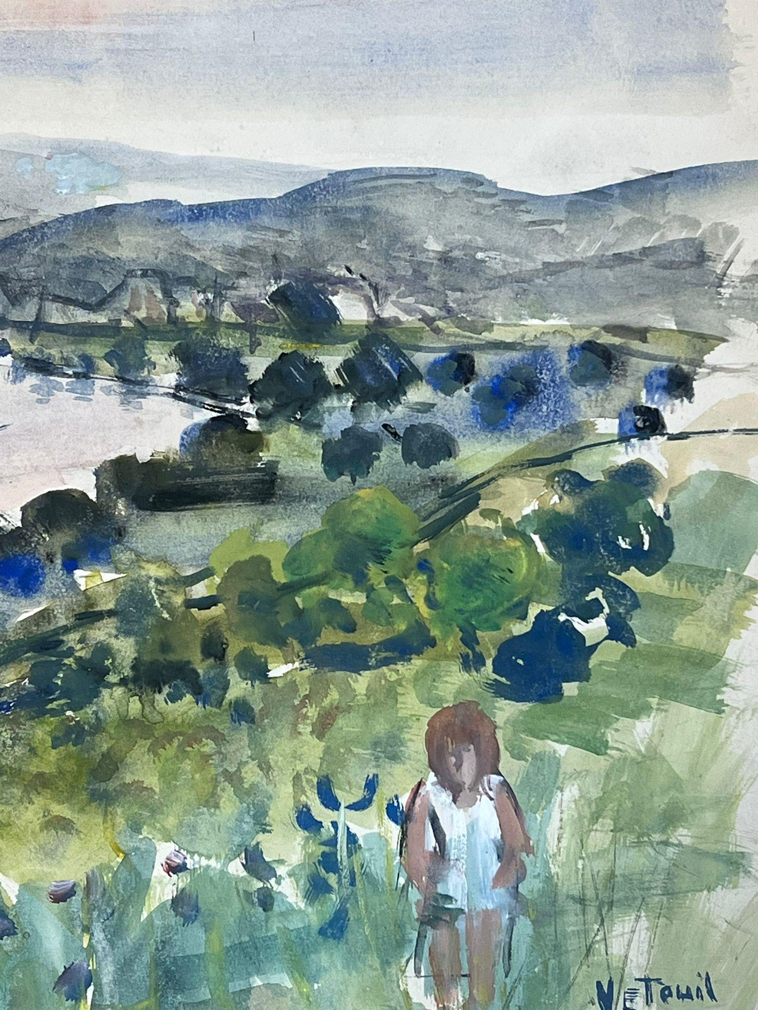 Expansive River Valley Landscape with Figure Watercolor French Painting For Sale 3
