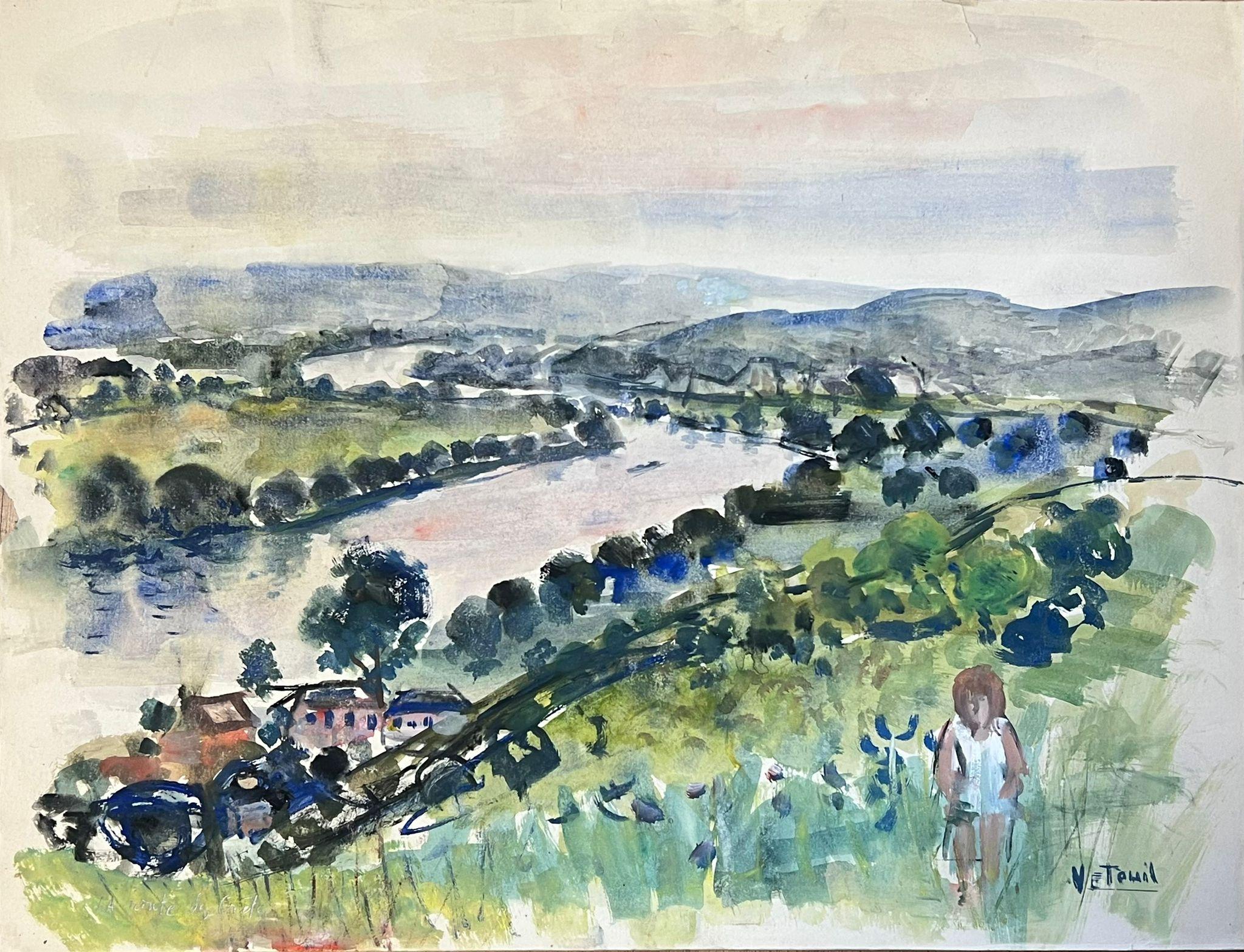 Édouard Righetti (1924-2001) Landscape Painting - Expansive River Valley Landscape with Figure Watercolor French Painting