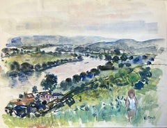 Paesaggio della valle del fiume con figura acquerello pittura francese