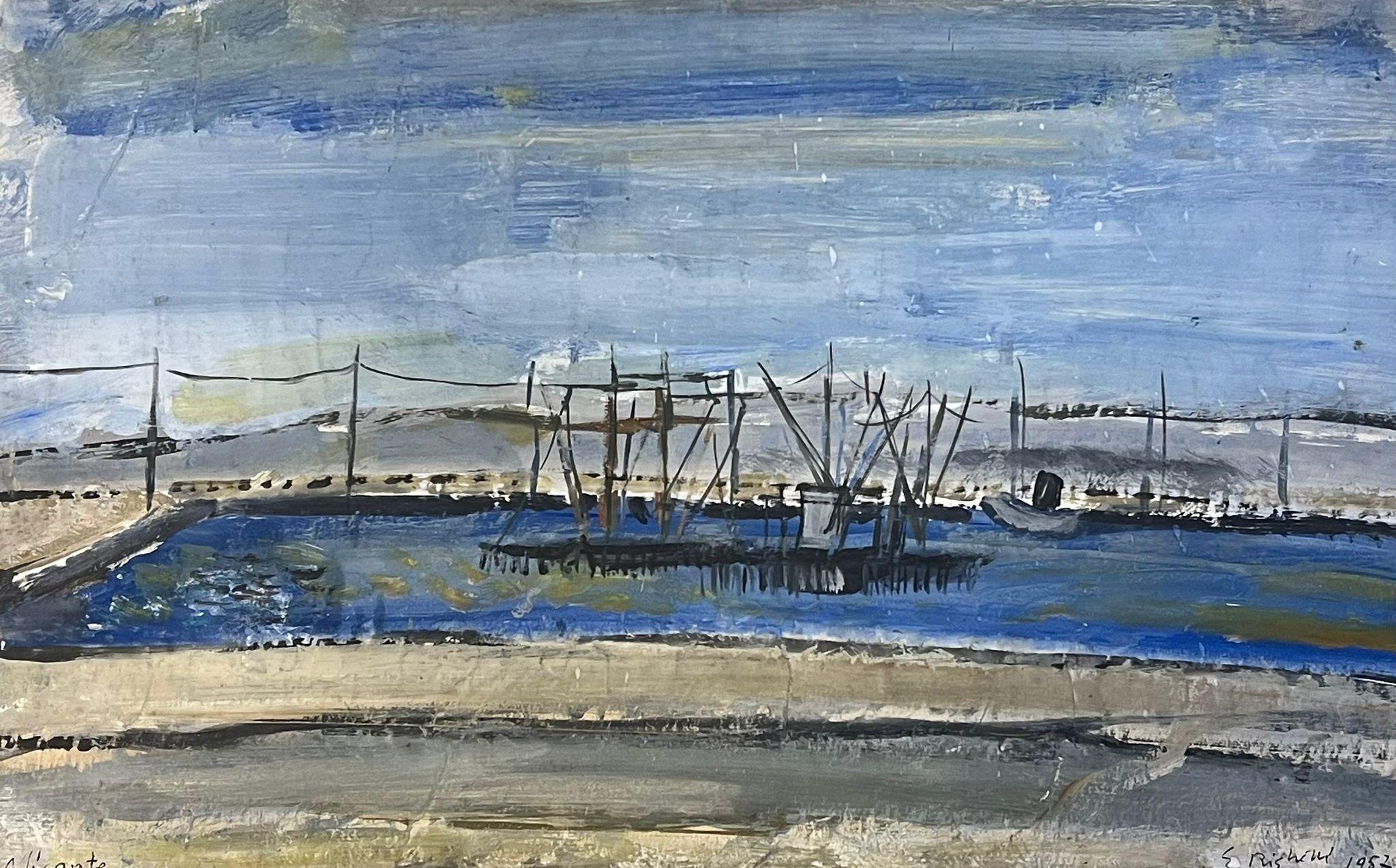 Landscape Painting di Édouard Righetti (1924-2001) - Scena costiera contemporanea ad olio post impressionista francese con reti da pesca
