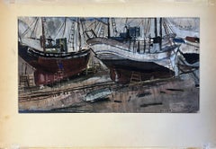 French Post Impressionist Oil Maritime Scene with Docked Fishing Boats