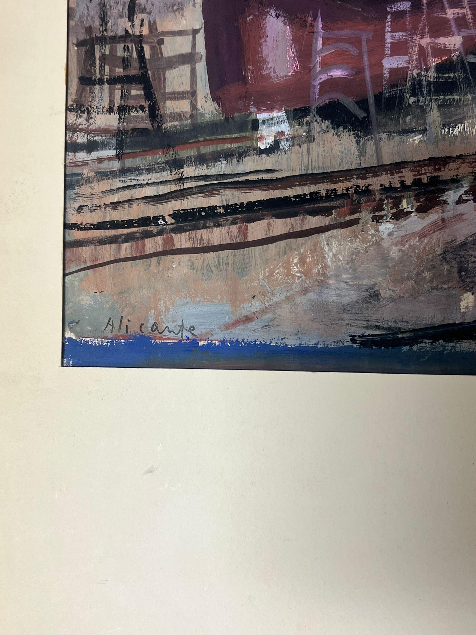 Scena marittima post impressionista francese con barche da pesca attraccate - Painting Postimpressionismo di Édouard Righetti (1924-2001)
