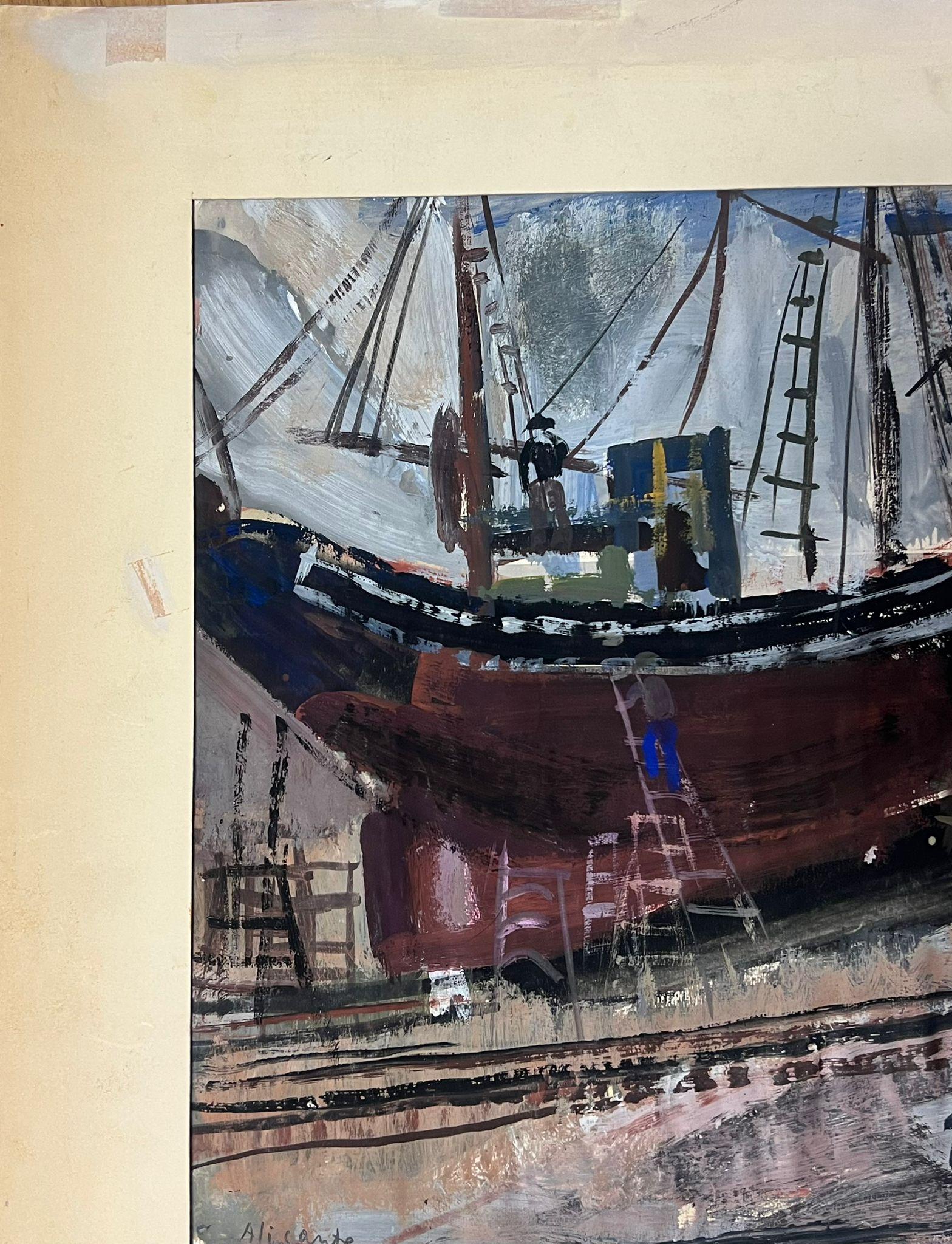 Scena marittima post impressionista francese con barche da pesca attraccate - Figurative Painting Nero di Édouard Righetti (1924-2001)