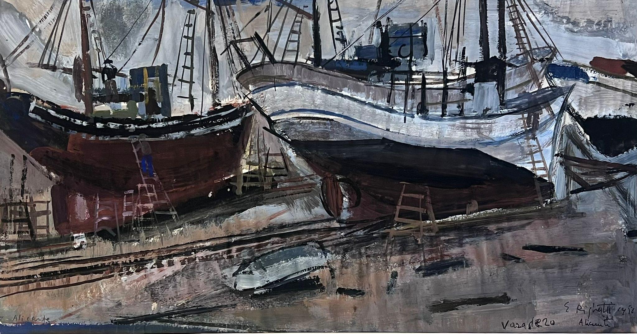 Figurative Painting di Édouard Righetti (1924-2001) - Scena marittima post impressionista francese con barche da pesca attraccate