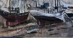 French Post Impressionist Oil Maritime Scene with Docked Fishing Boats