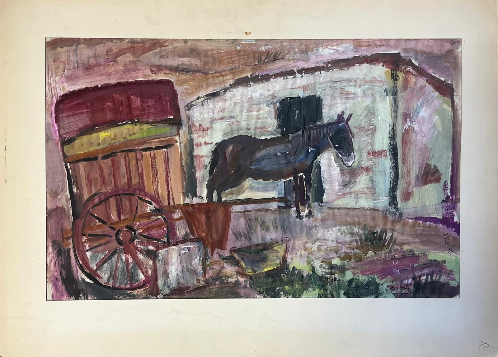 Olio francese post impressionista Scena di fattoria rustica con cavallo e carrozza - Painting di Édouard Righetti (1924-2001)