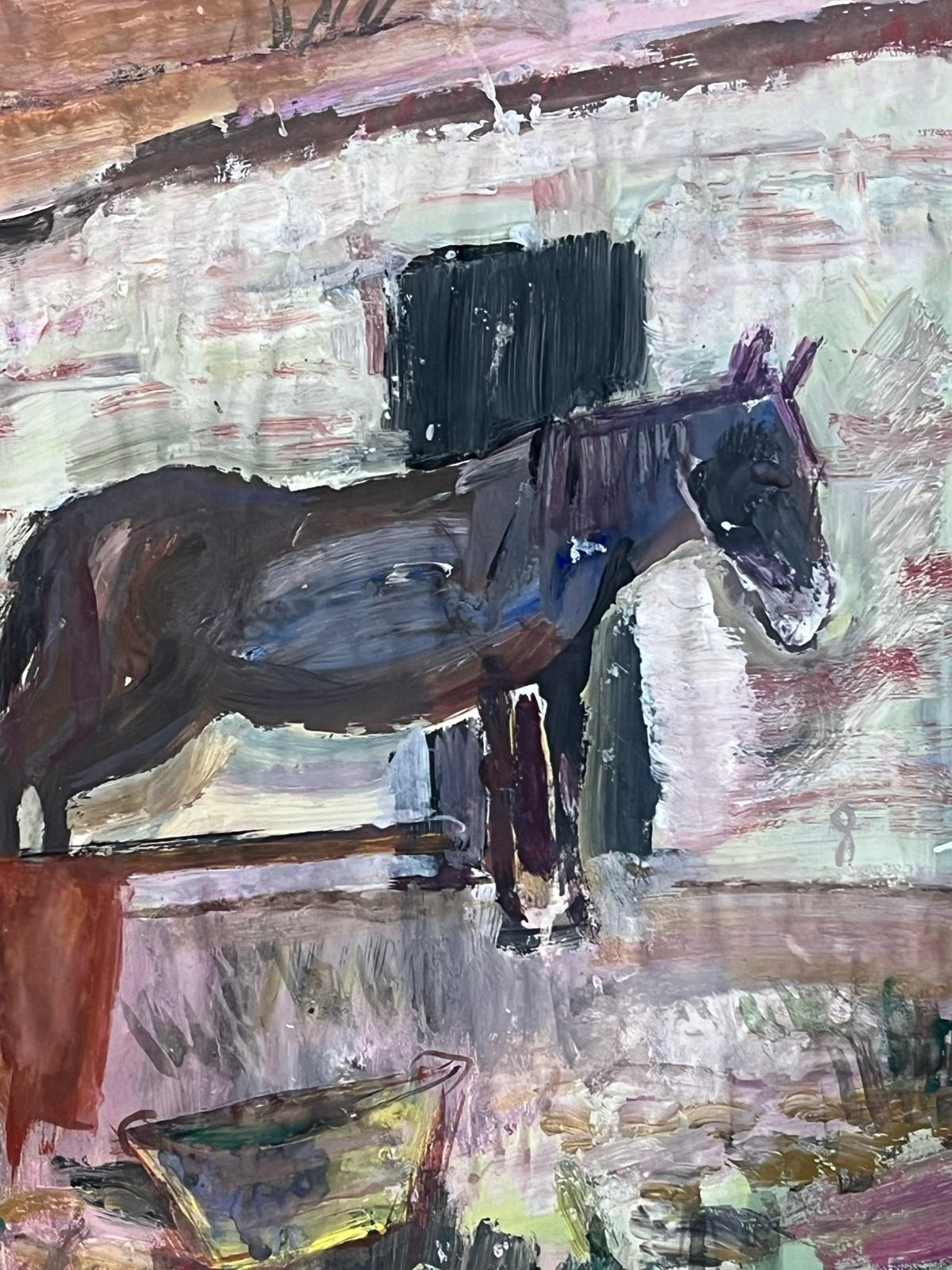 Olio francese post impressionista Scena di fattoria rustica con cavallo e carrozza - Painting Postimpressionismo di Édouard Righetti (1924-2001)