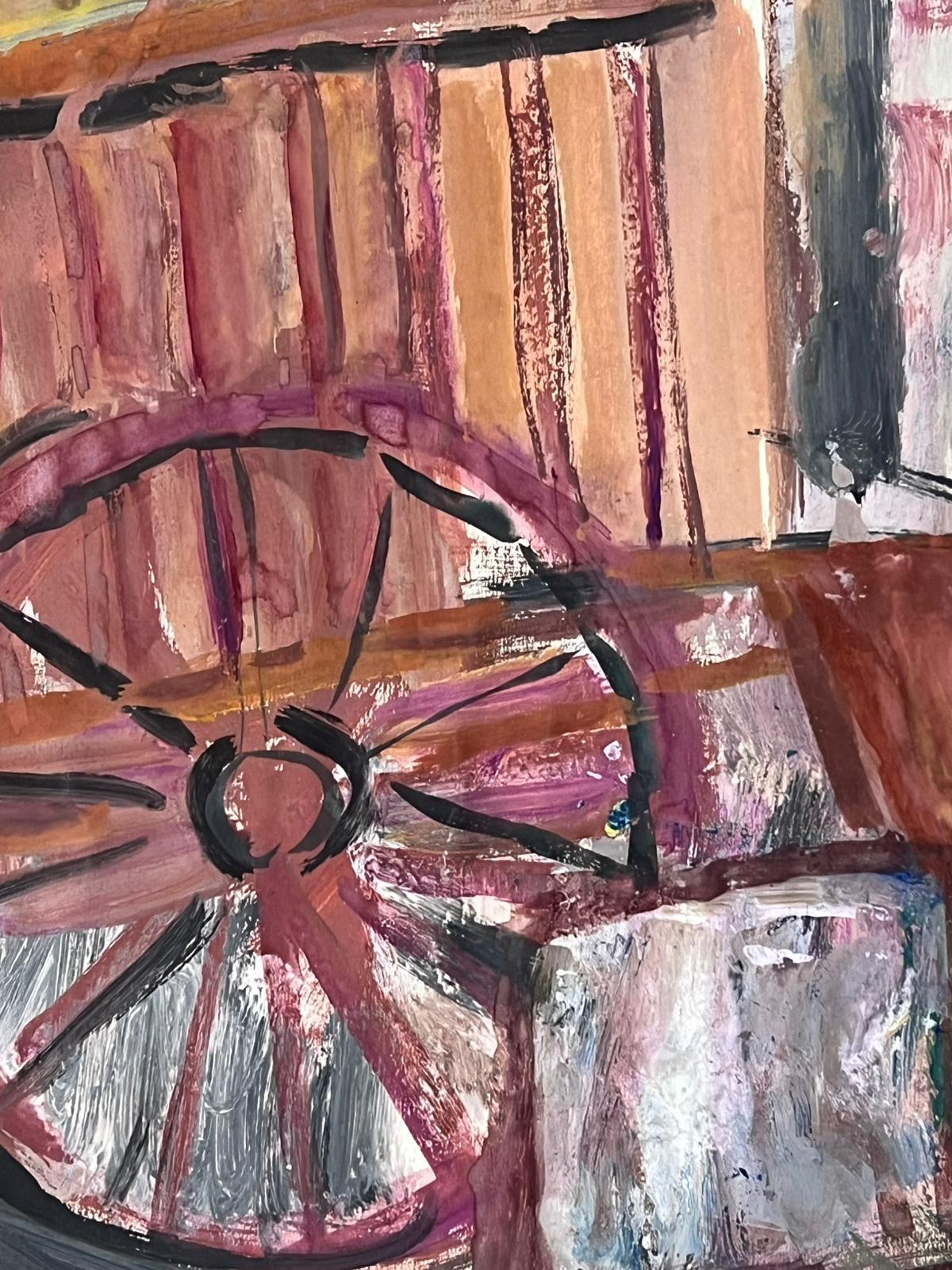 Olio francese post impressionista Scena di fattoria rustica con cavallo e carrozza - Landscape Painting Grigio di Édouard Righetti (1924-2001)