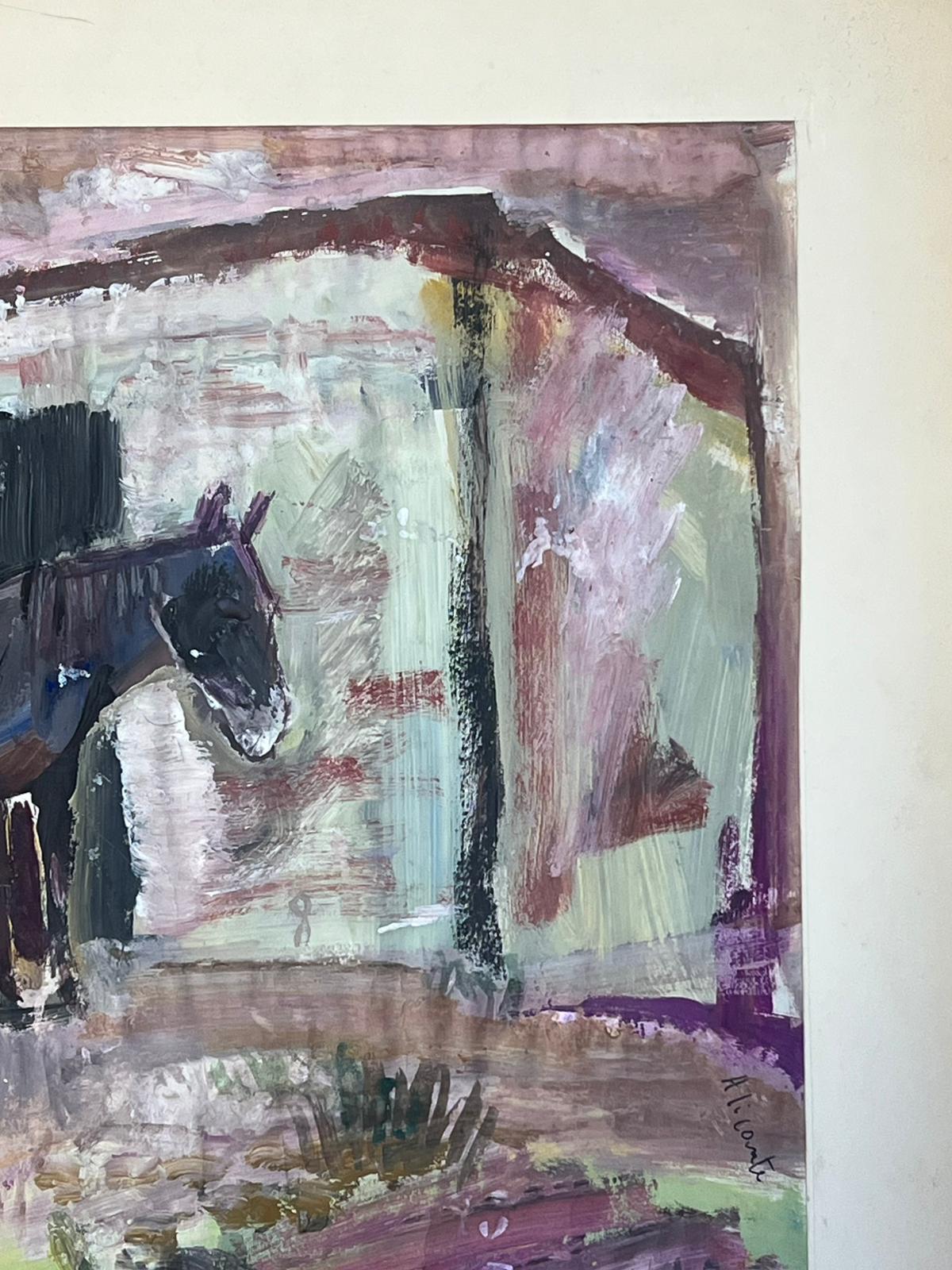 Olio francese post impressionista Scena di fattoria rustica con cavallo e carrozza in vendita 1