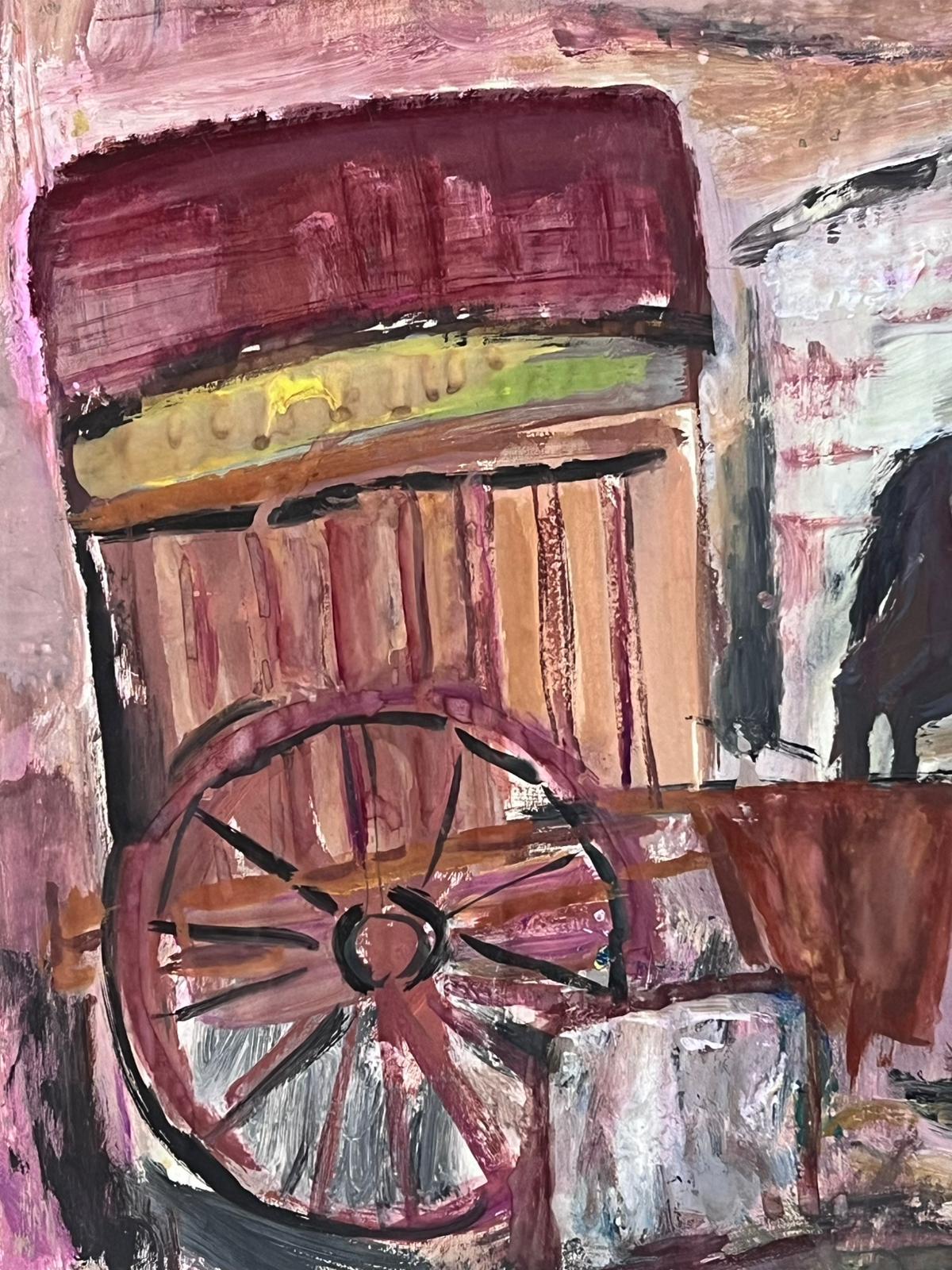 Olio francese post impressionista Scena di fattoria rustica con cavallo e carrozza in vendita 2