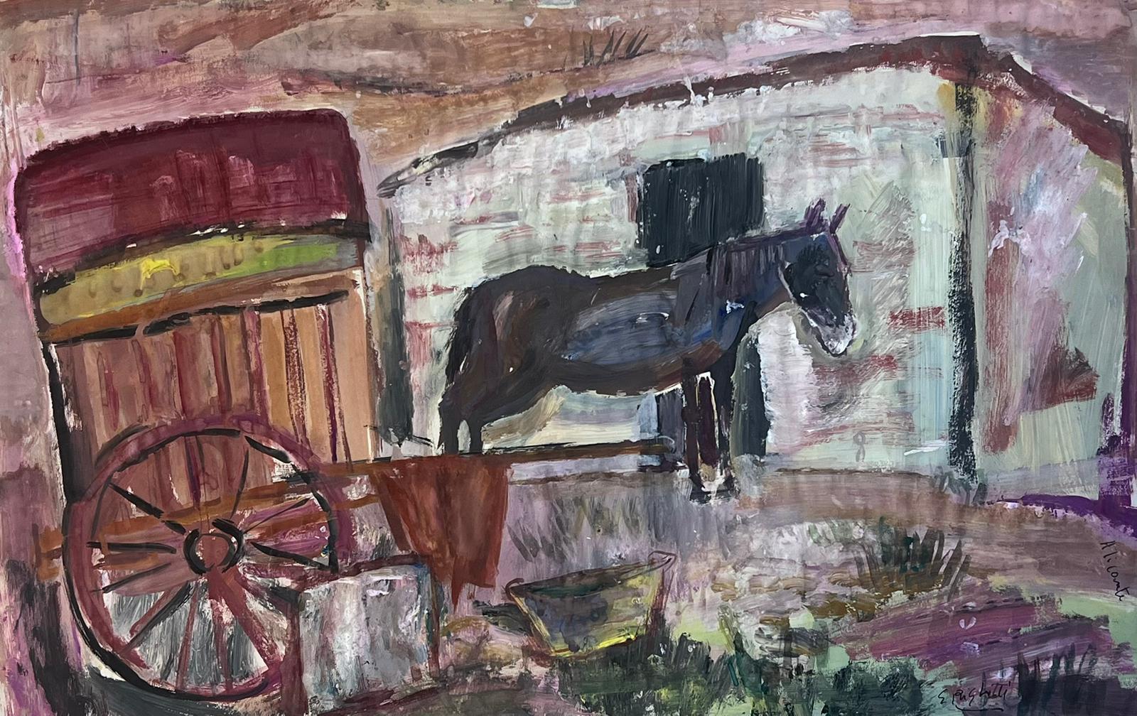 Landscape Painting di Édouard Righetti (1924-2001) - Olio francese post impressionista Scena di fattoria rustica con cavallo e carrozza