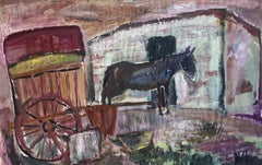 Huile post-impressionniste française d'une scène de ferme rustique avec cheval et chariot