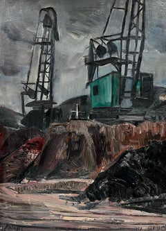 Huge 1950
s French Signed Oil Spanish Industrial Site Pasajes