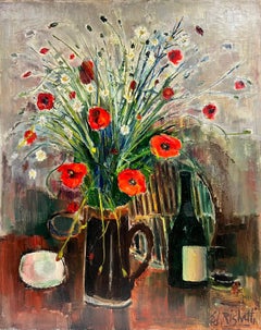 Huge 1970
s French Post-Impressionist Oil Red Poppies in Vase, interior scene