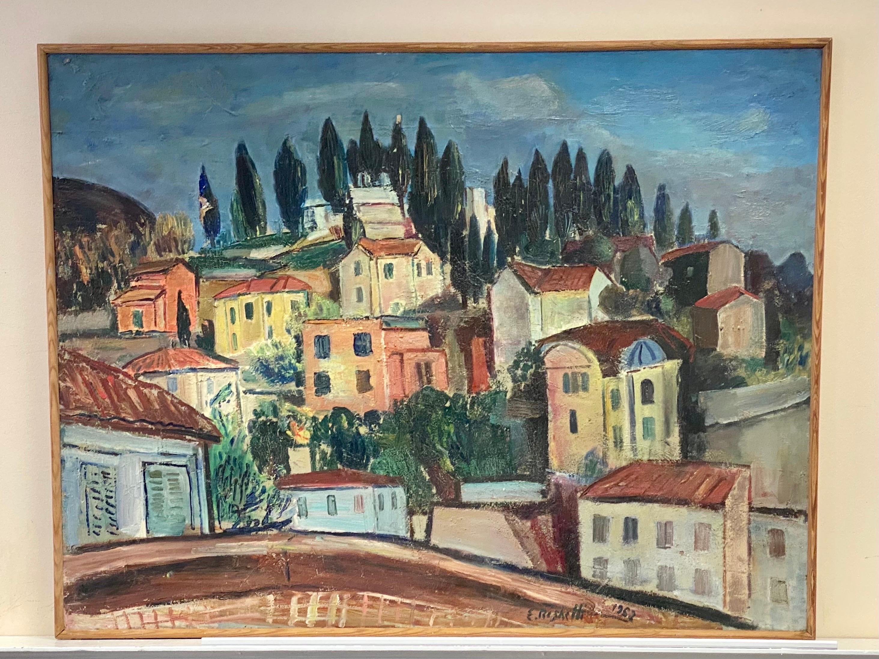 Huge French 1950's Post-Impressionist Oil Garden View Menton Provence - Painting by Édouard Righetti (1924-2001)