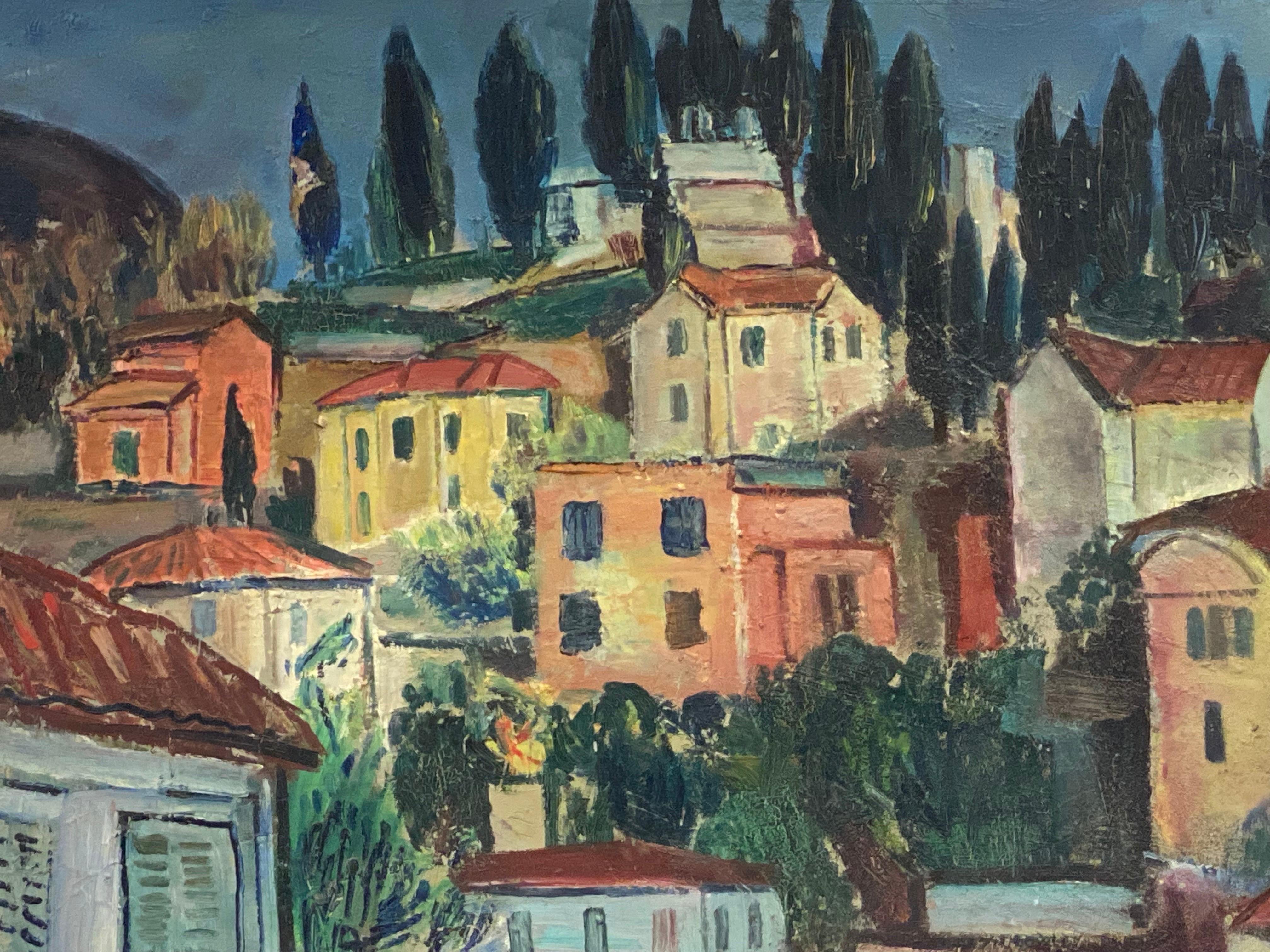 Huge French 1950's Post-Impressionist Oil Garden View Menton Provence - Gray Landscape Painting by �Édouard Righetti (1924-2001)