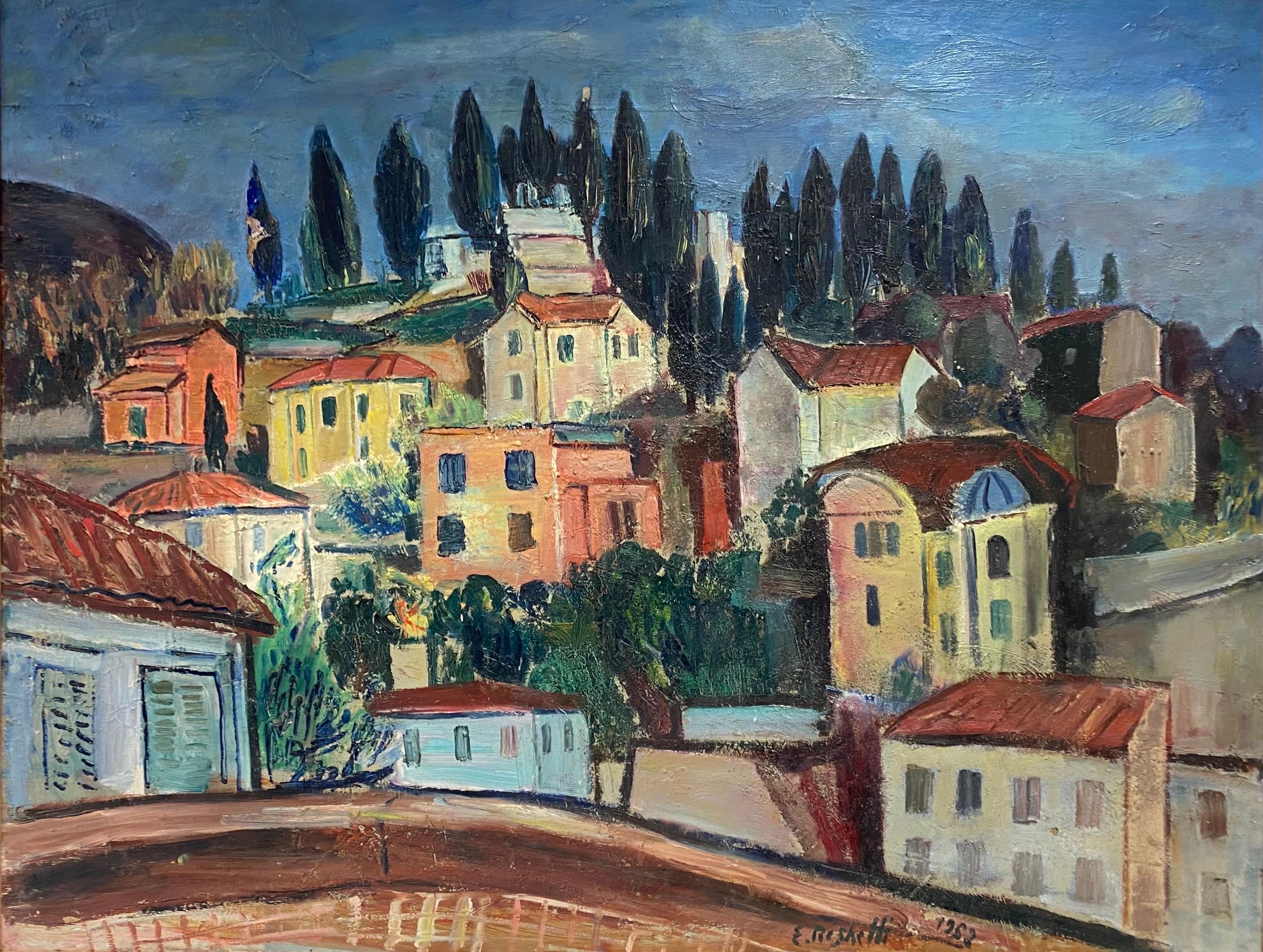 Édouard Righetti (1924-2001) Landscape Painting - Huge French 1950's Post-Impressionist Oil Garden View Menton Provence