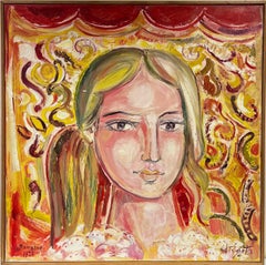 Huge French 20thC Modernist Oil Painting - Portrait of Blonde Lady Pink Swirls