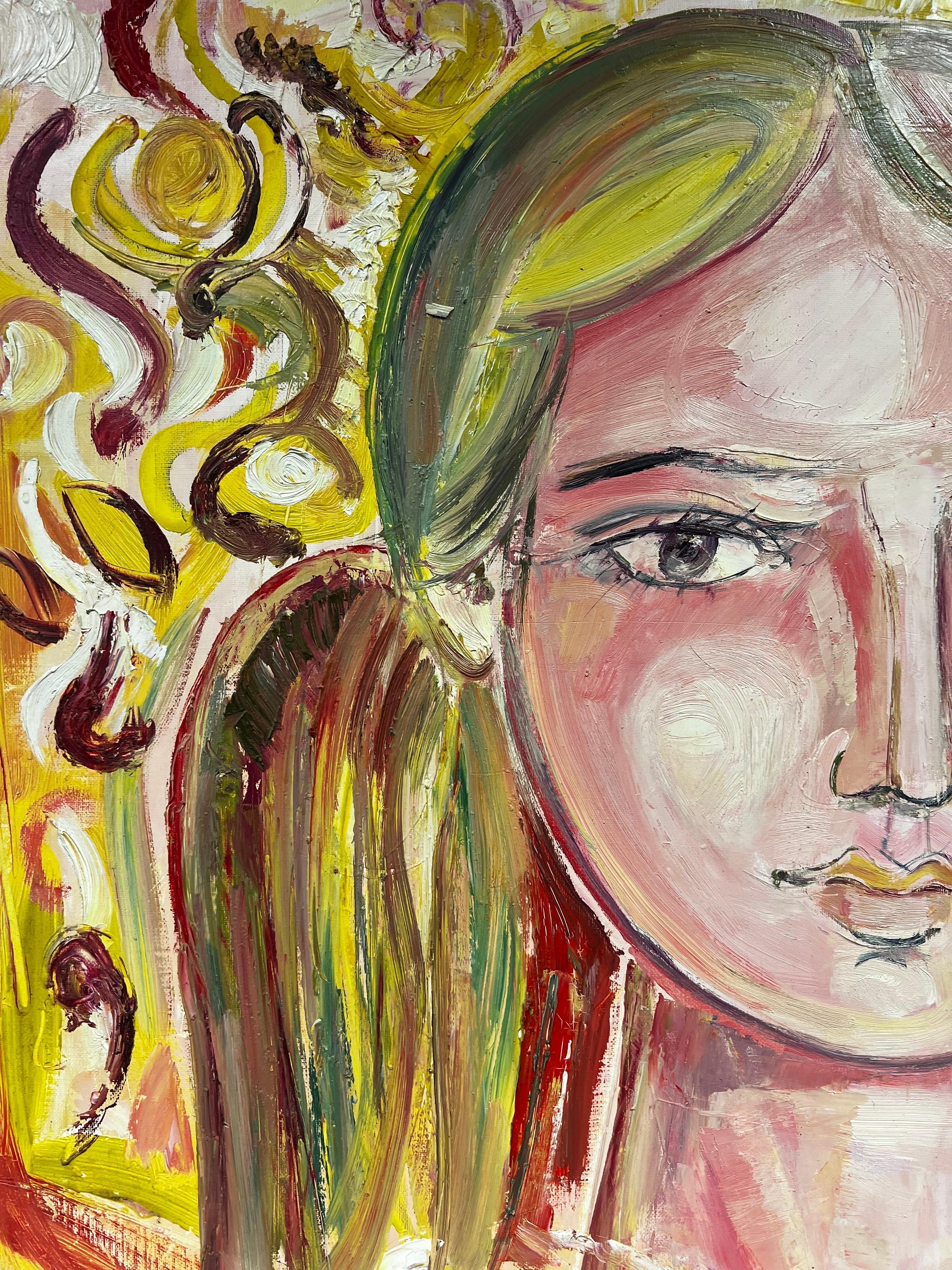 Très grande peinture à l'huile moderniste française du 20e siècle - Portrait d'une femme blonde tourbillonnant - Post-impressionnisme Painting par Édouard Righetti (1924-2001)