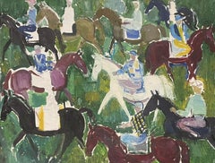 Huge French Modernist Oil Horse Racing Jockeys on Horseback in the Paddock