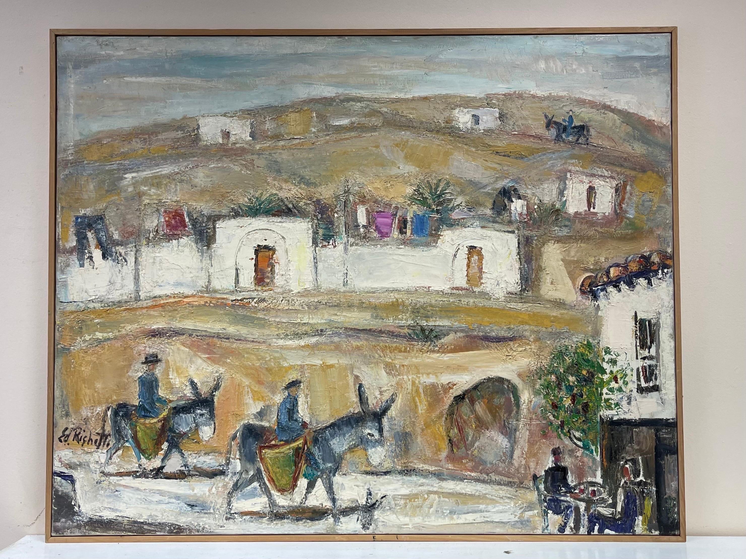 Huge Original French Mid Century  Oil - Donkey Riders In Town Landscape  - Painting by Édouard Righetti (1924-2001)