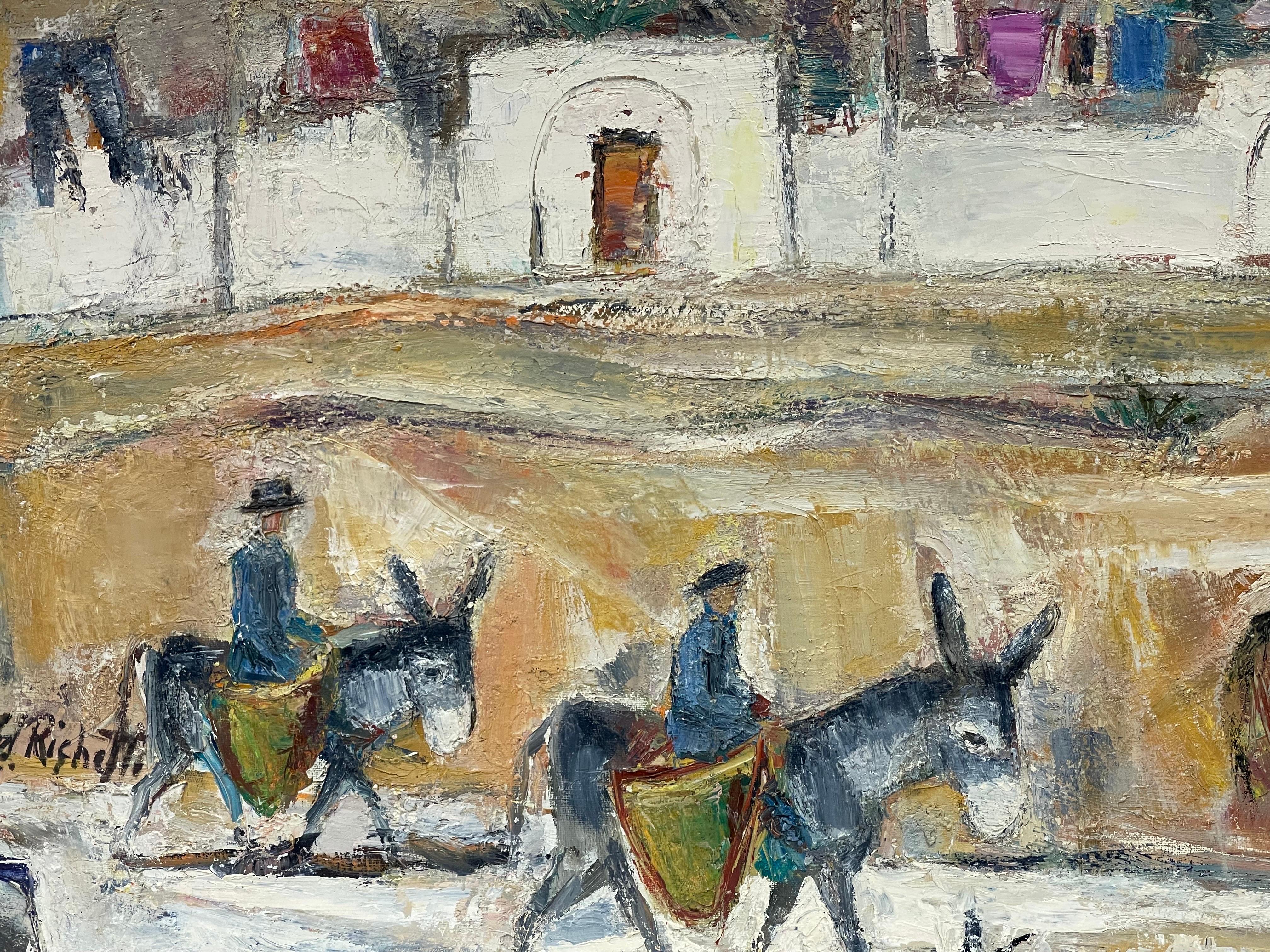 Huge Original French Mid Century  Oil - Donkey Riders In Town Landscape  - Post-Impressionist Painting by Édouard Righetti (1924-2001)