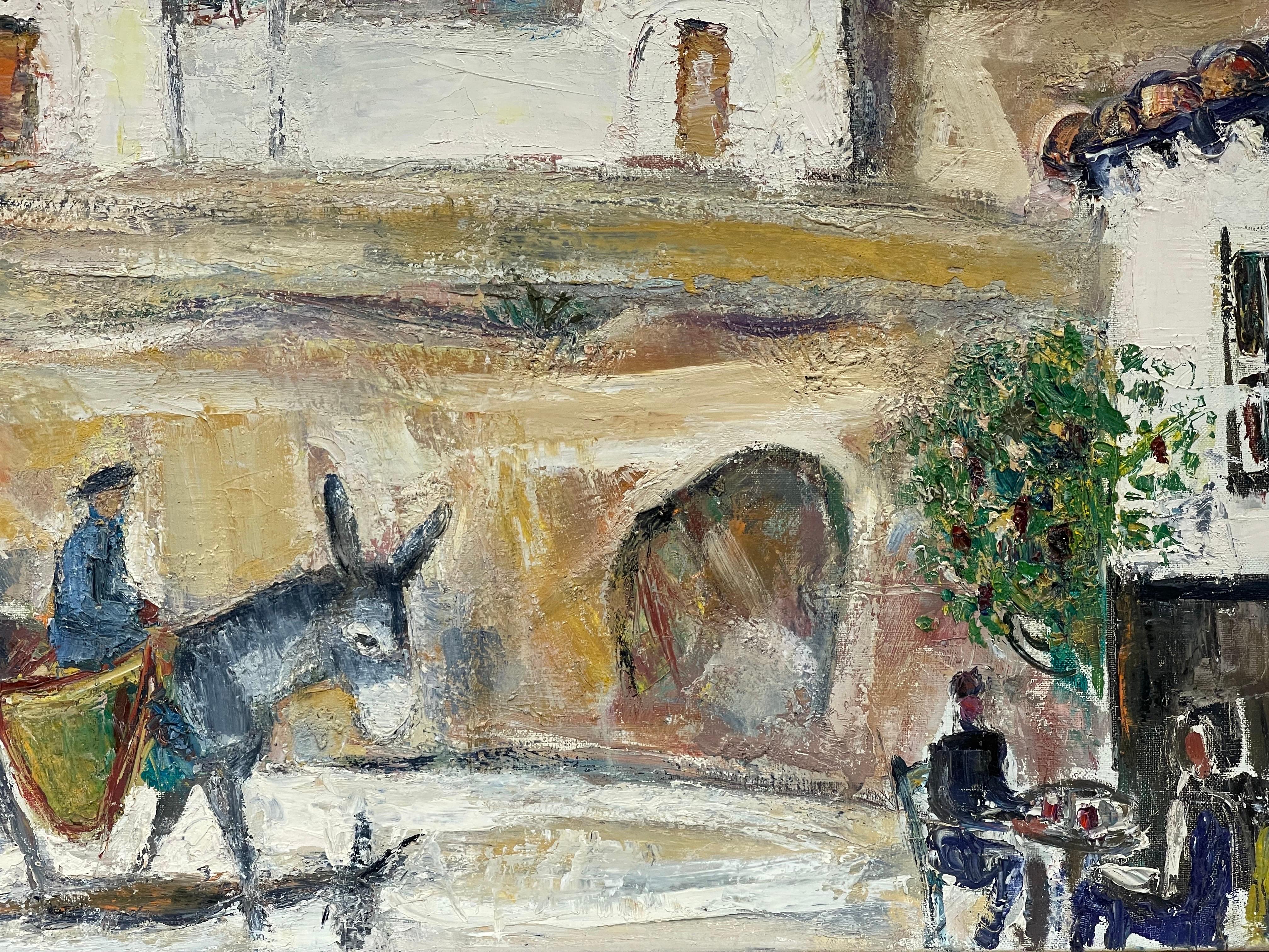 Huge Original French Mid Century  Oil - Donkey Riders In Town Landscape  - Gray Landscape Painting by Édouard Righetti (1924-2001)
