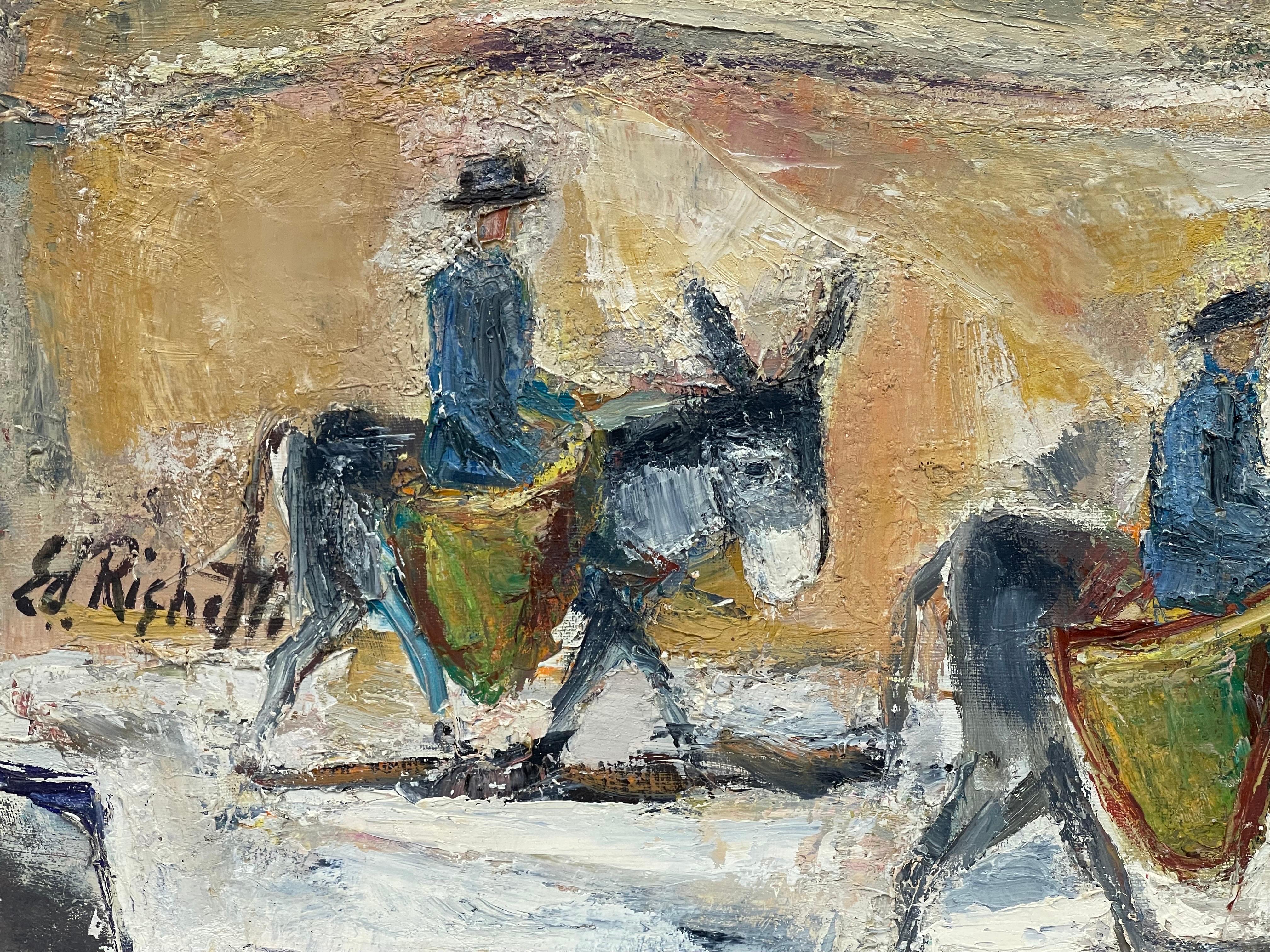Huge Original French Mid Century  Oil - Donkey Riders In Town Landscape  3