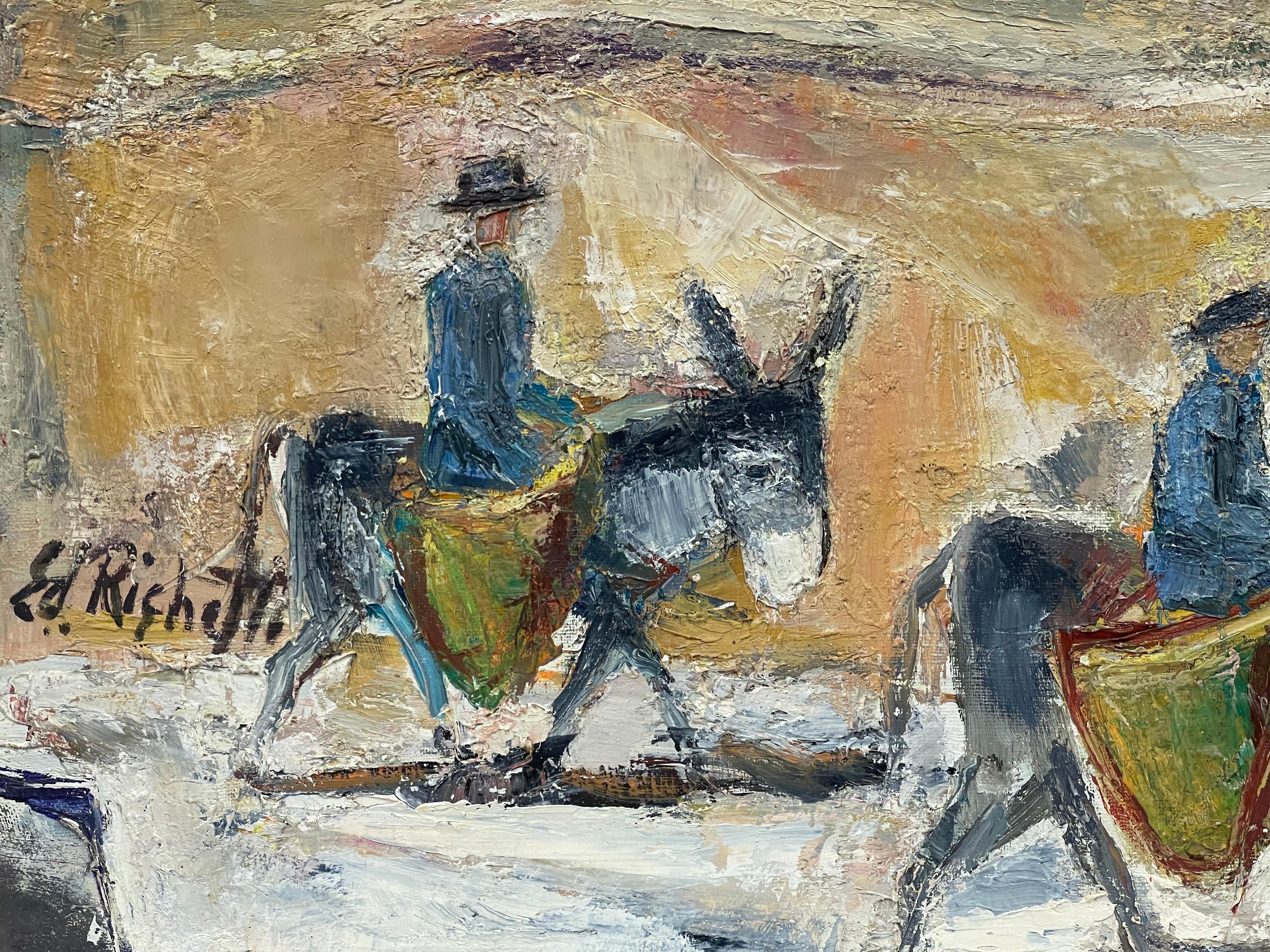 Huge Original French Mid Century  Oil - Donkey Riders In Town Landscape  4