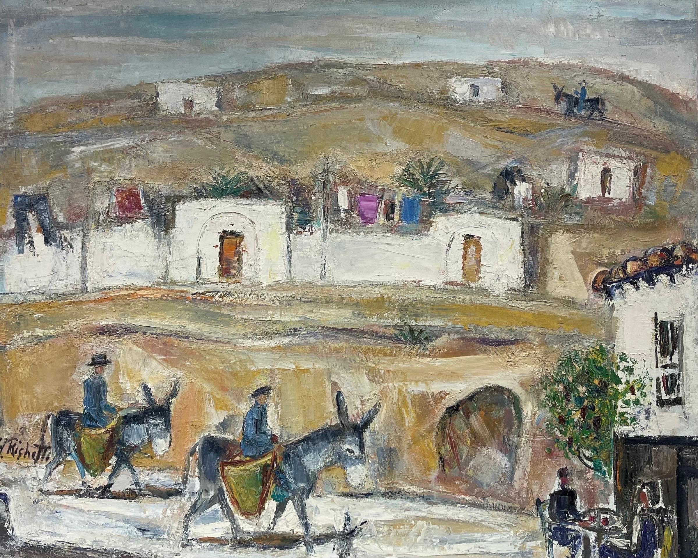 Édouard Righetti (1924-2001) Landscape Painting - Huge Original French Mid Century  Oil - Donkey Riders In Town Landscape 