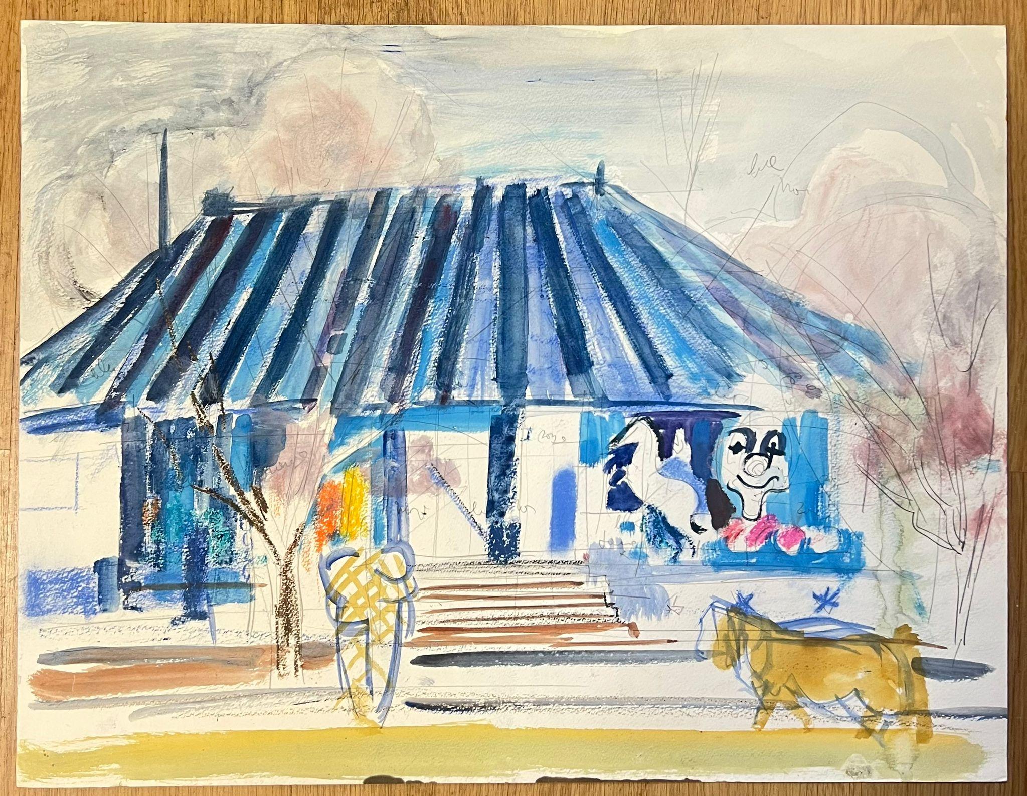 Ice Cream Shop with Animal Figures and Blue Roof Abstract Watercolour Painting - White Landscape Painting by Édouard Righetti (1924-2001)