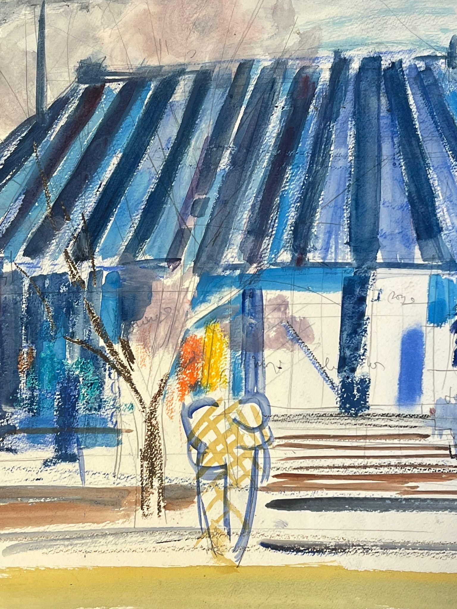 Ice Cream Shop with Animal Figures and Blue Roof Abstract Watercolour Painting For Sale 1