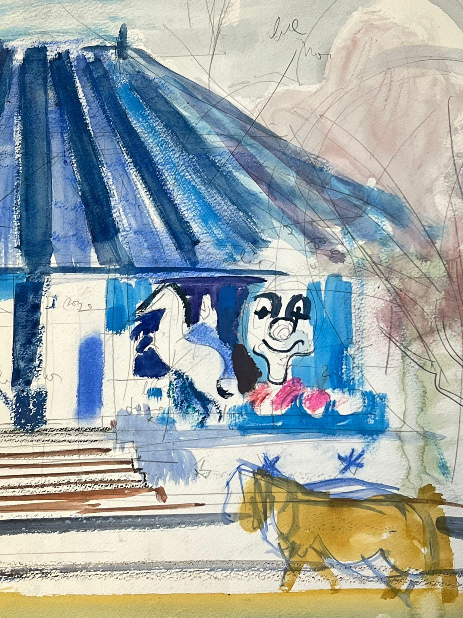 Ice Cream Shop with Animal Figures and Blue Roof Abstract Watercolour Painting For Sale 2