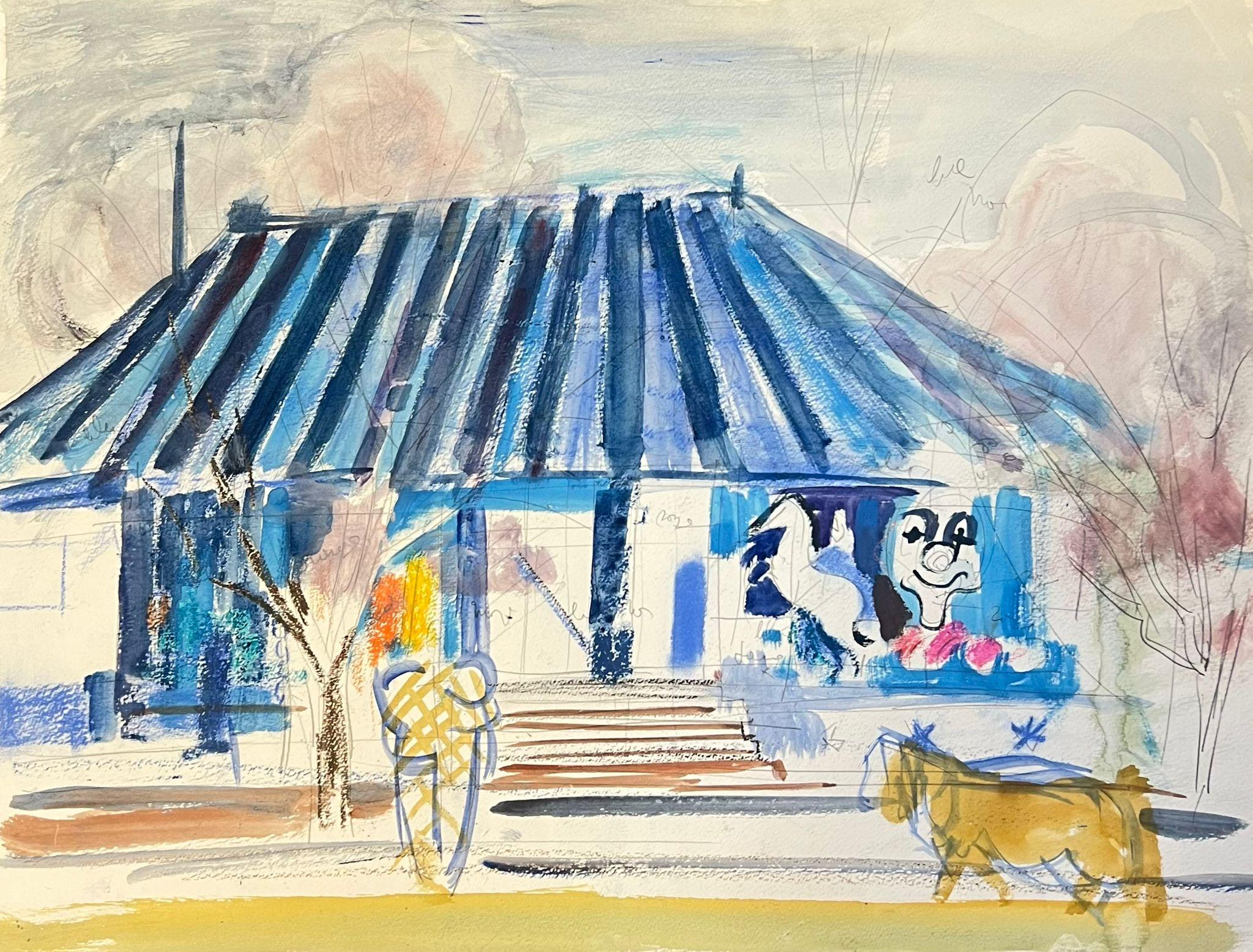 Édouard Righetti (1924-2001) Landscape Painting - Ice Cream Shop with Animal Figures and Blue Roof Abstract Watercolour Painting