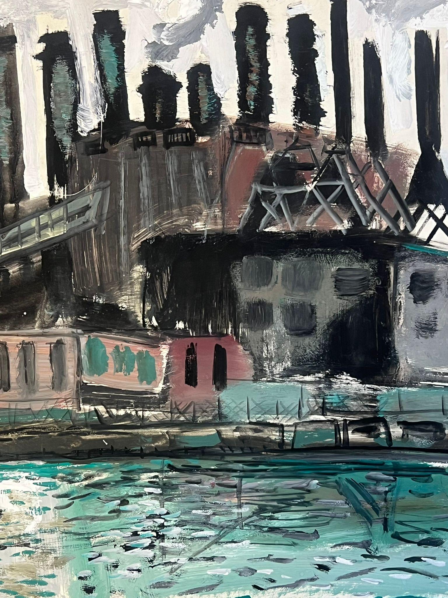 Escena de puerto industrial con chimeneas y edificios de fábrica reflejados - Painting de Édouard Righetti (1924-2001)