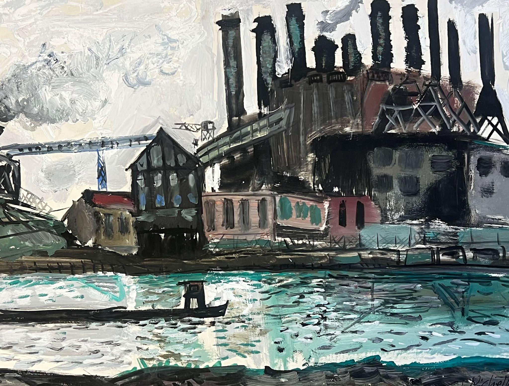 Escena de puerto industrial con chimeneas y edificios de fábrica reflejados - Painting Posimpresionista de Édouard Righetti (1924-2001)