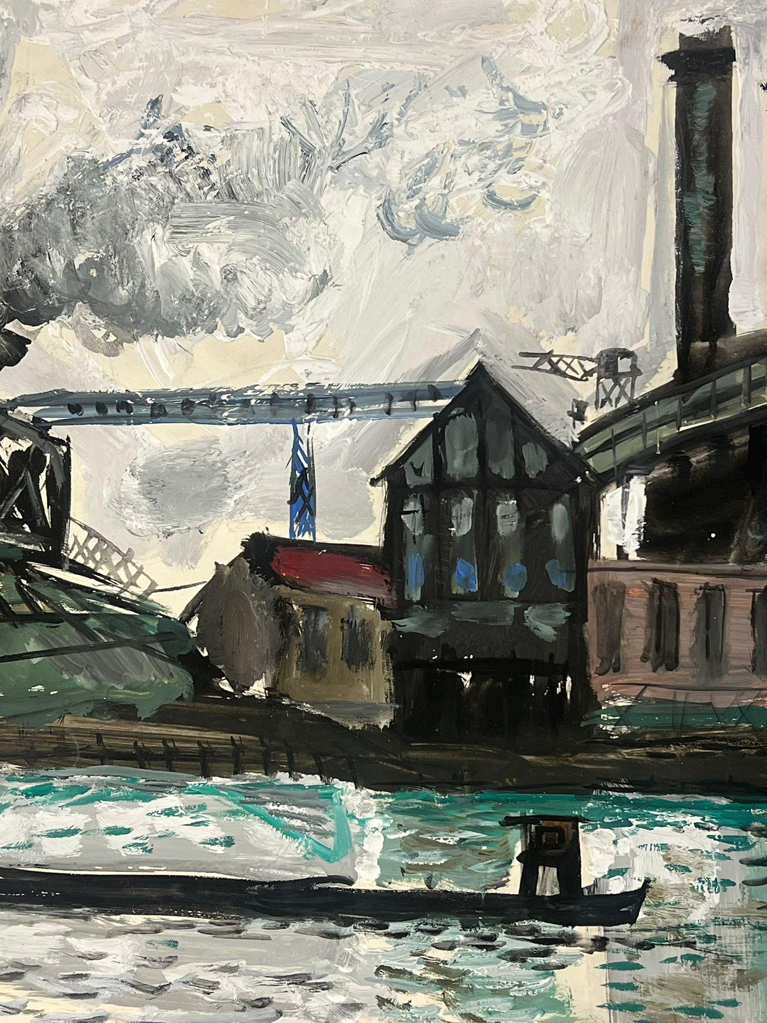 Escena de puerto industrial con chimeneas y edificios de fábrica reflejados en venta 2
